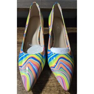 Psychedelic Rainbow Swirl Block Heel Pumps  Pointed Toe High Heel Retro 8.5